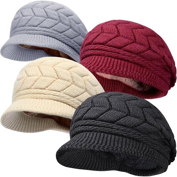Accessories - Women's 4 Pack Black Red Gray Beige Brim Wool Ski Winter Beanie Knit Hats Caps